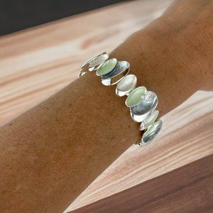 Bracelet, Stretch, Silver Tone, Blue, Green, White Inlay Oval 7.5" - 8.25"
